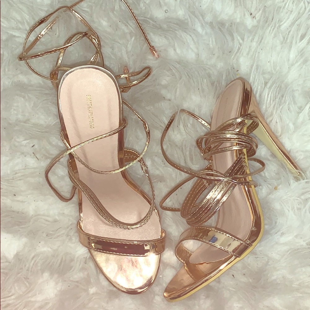 Unworn Rose Gold Thin Strappy Lace Up Heels